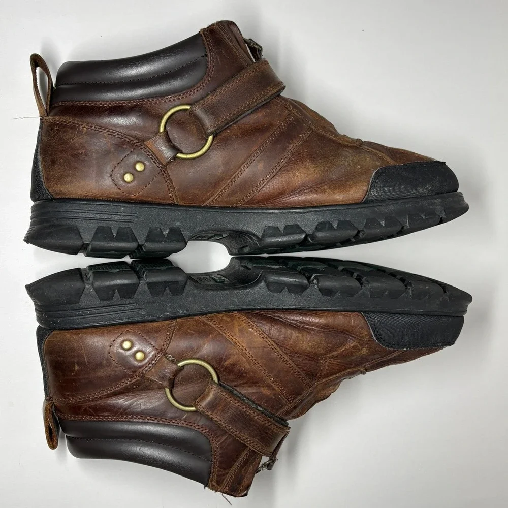 Polo Ralph‎ Lauren Conquest III Boots Mens 13 Brown Leather Good Dual Zip Strap